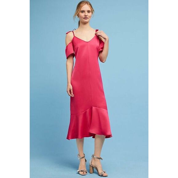 New Anthropologie x Seen Work Kept Satin Open Shoulder Midi Dress $168 Size 6 - Picture 4 of 7